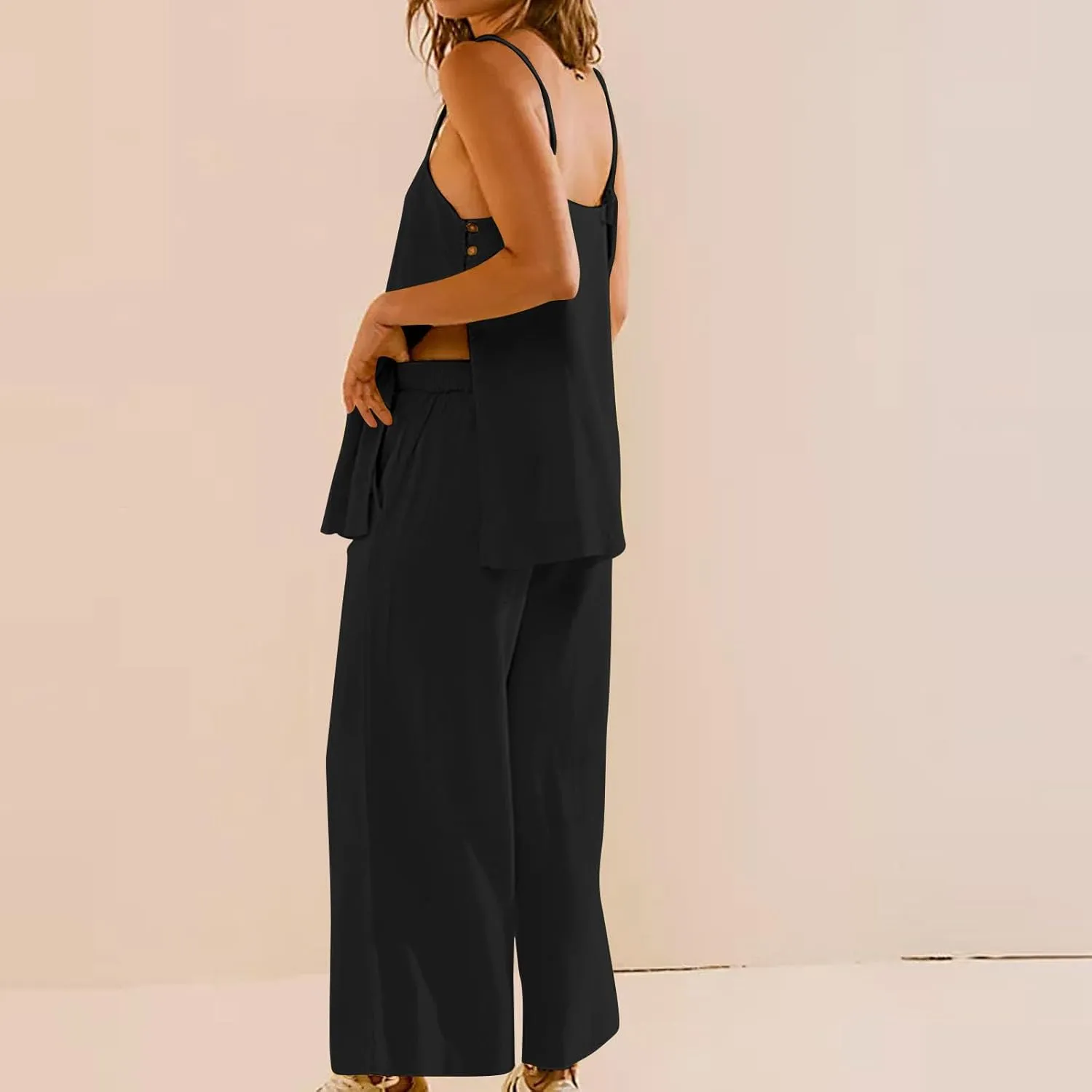 HGps8w Linen 2 Piece Sets for Women Summer 2025 Camisole Tops with Wide Leg Pants Lounge Tracksuit Vacation Travel Outfits