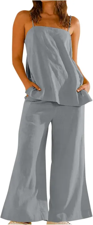 HGps8w Linen 2 Piece Sets for Women Summer 2025 Camisole Tops with Wide Leg Pants Lounge Tracksuit Vacation Travel Outfits