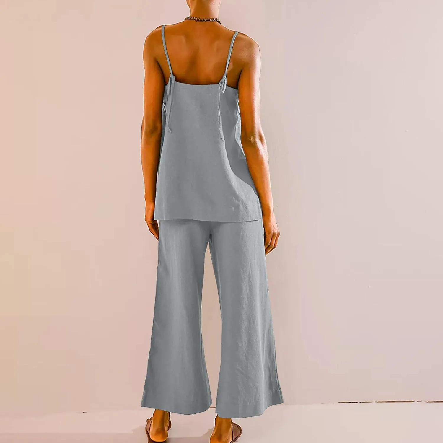 HGps8w Linen 2 Piece Sets for Women Summer 2025 Camisole Tops with Wide Leg Pants Lounge Tracksuit Vacation Travel Outfits