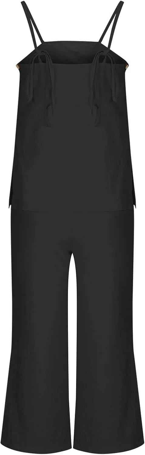 HGps8w Linen 2 Piece Sets for Women Summer 2025 Camisole Tops with Wide Leg Pants Lounge Tracksuit Vacation Travel Outfits