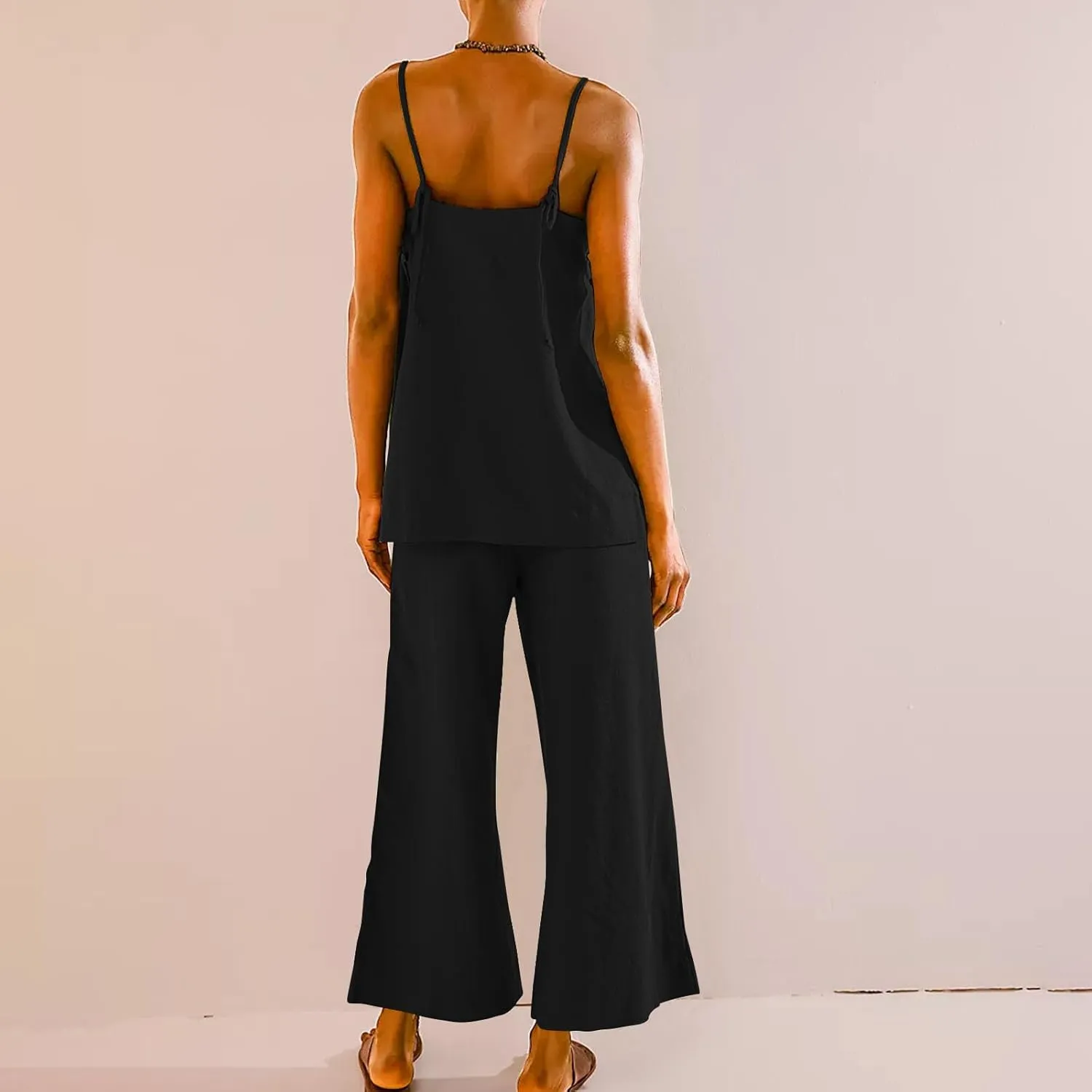 HGps8w Linen 2 Piece Sets for Women Summer 2025 Camisole Tops with Wide Leg Pants Lounge Tracksuit Vacation Travel Outfits