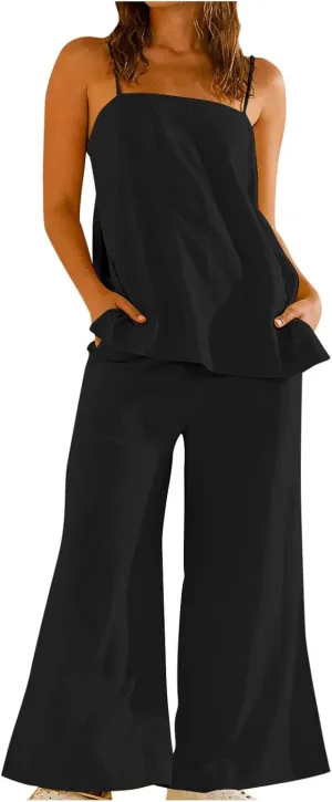 HGps8w Linen 2 Piece Sets for Women Summer 2025 Camisole Tops with Wide Leg Pants Lounge Tracksuit Vacation Travel Outfits