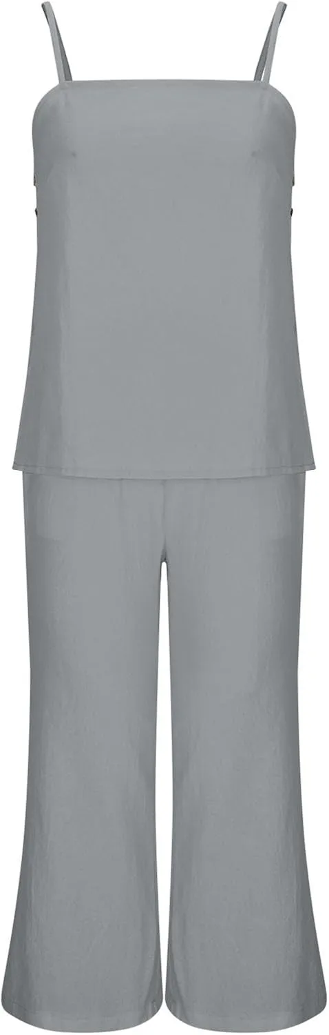 HGps8w Linen 2 Piece Sets for Women Summer 2025 Camisole Tops with Wide Leg Pants Lounge Tracksuit Vacation Travel Outfits