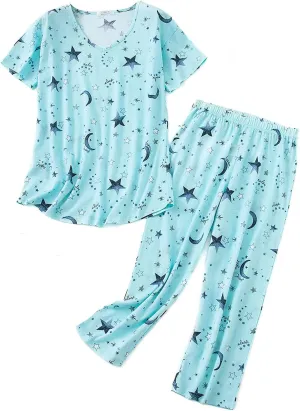 HOWINCO Womens Pajama Sets Cotton Pj Set Short Sleeve Top With Capri Pants Sleepwear 2 Piece Lounge Set
