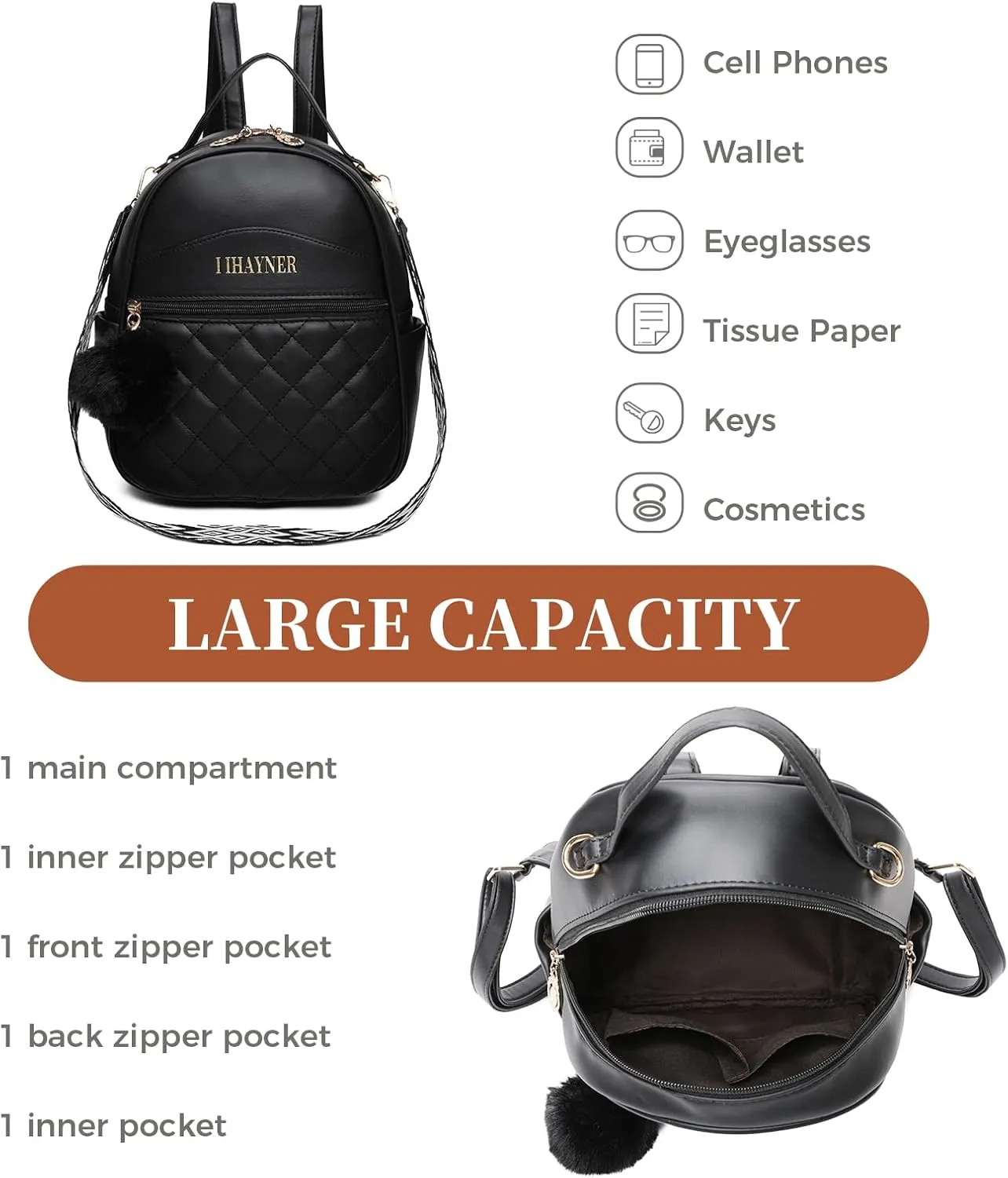 I IHAYNER Girls Fashion Backpack Purse Small Cute Mini Backpack for Girls Teen Vegan Leather Women Pom Backpack Shoulder Bag Brown-1