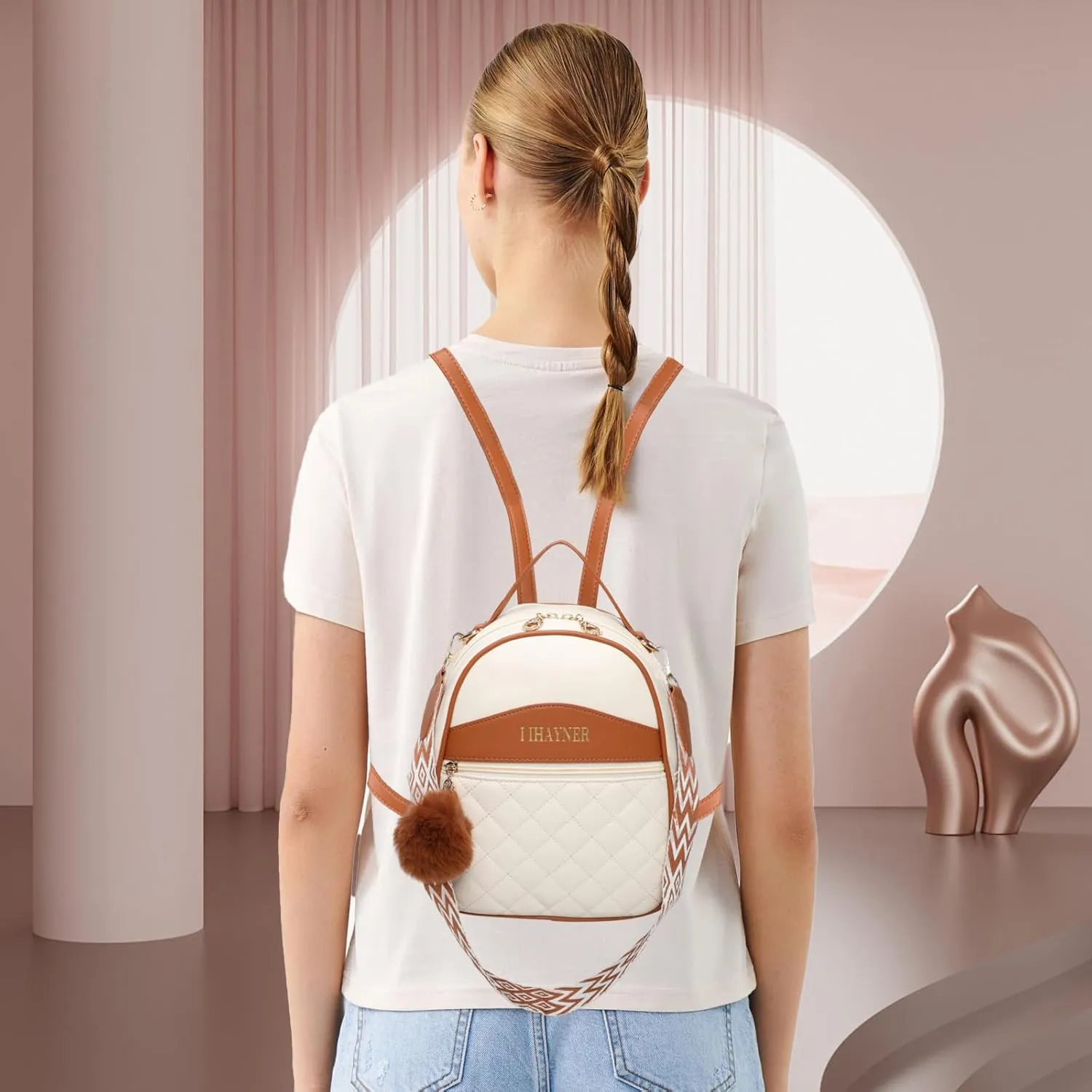 I IHAYNER Girls Fashion Backpack Purse Small Cute Mini Backpack for Girls Teen Vegan Leather Women Pom Backpack Shoulder Bag Brown-1