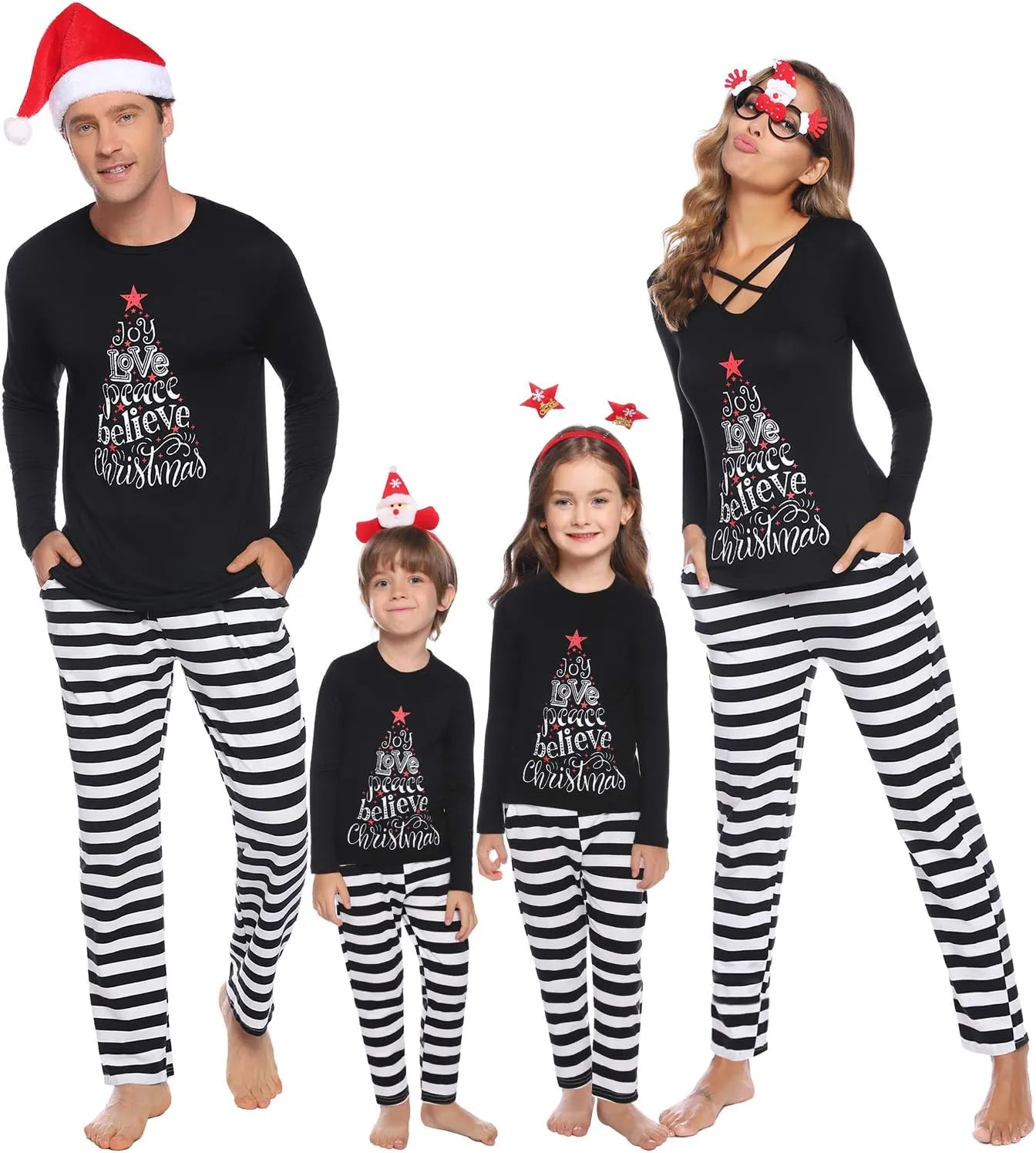 iClosam Matching Family Pajamas Set Striped Christmas Pajamas Sleepwear Dad Mom PJs Black