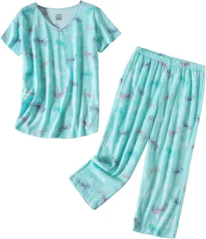 Inadays Womens Cotton Pajama Sets Short Sleeve Top With Capri Pants 2 piece sets for Women Summer Pajamas Lounge Set