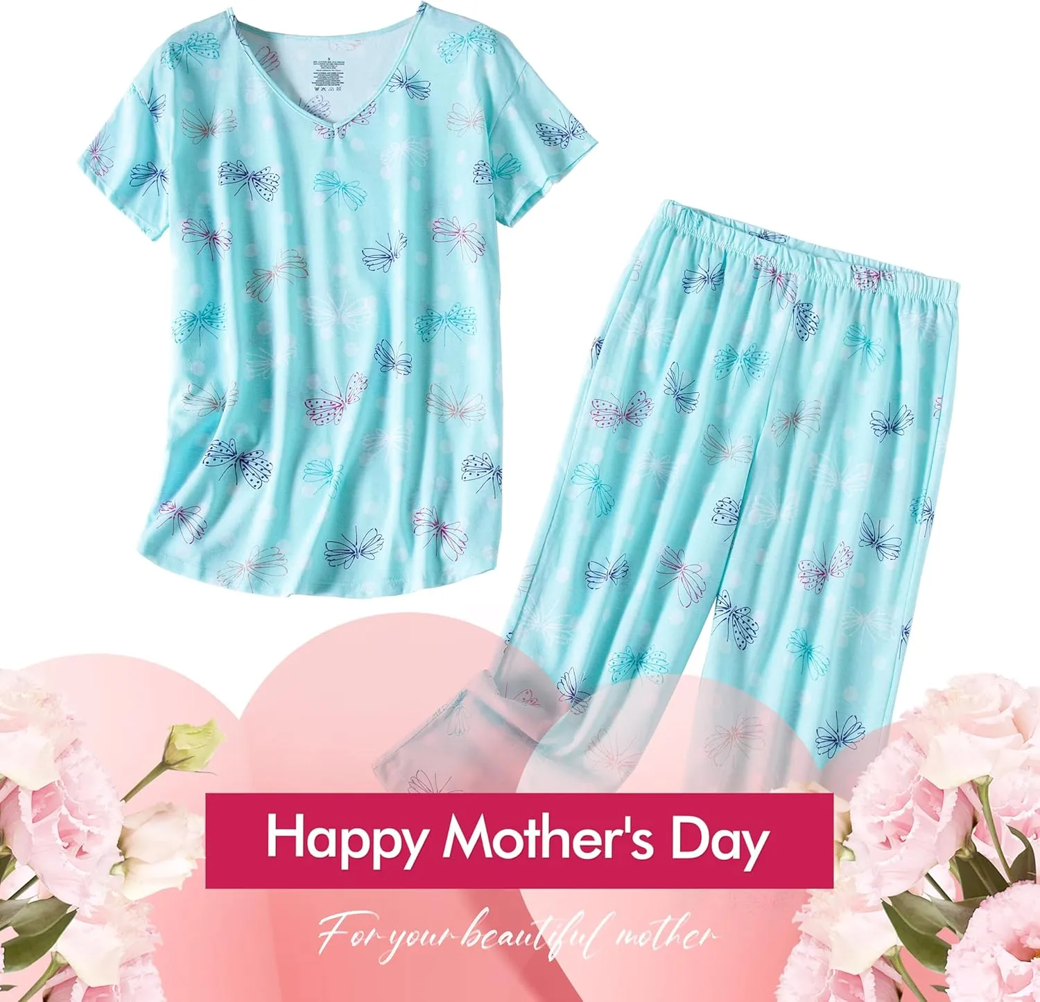 Inadays Womens Cotton Pajama Sets Short Sleeve Top With Capri Pants 2 piece sets for Women Summer Pajamas Lounge Set