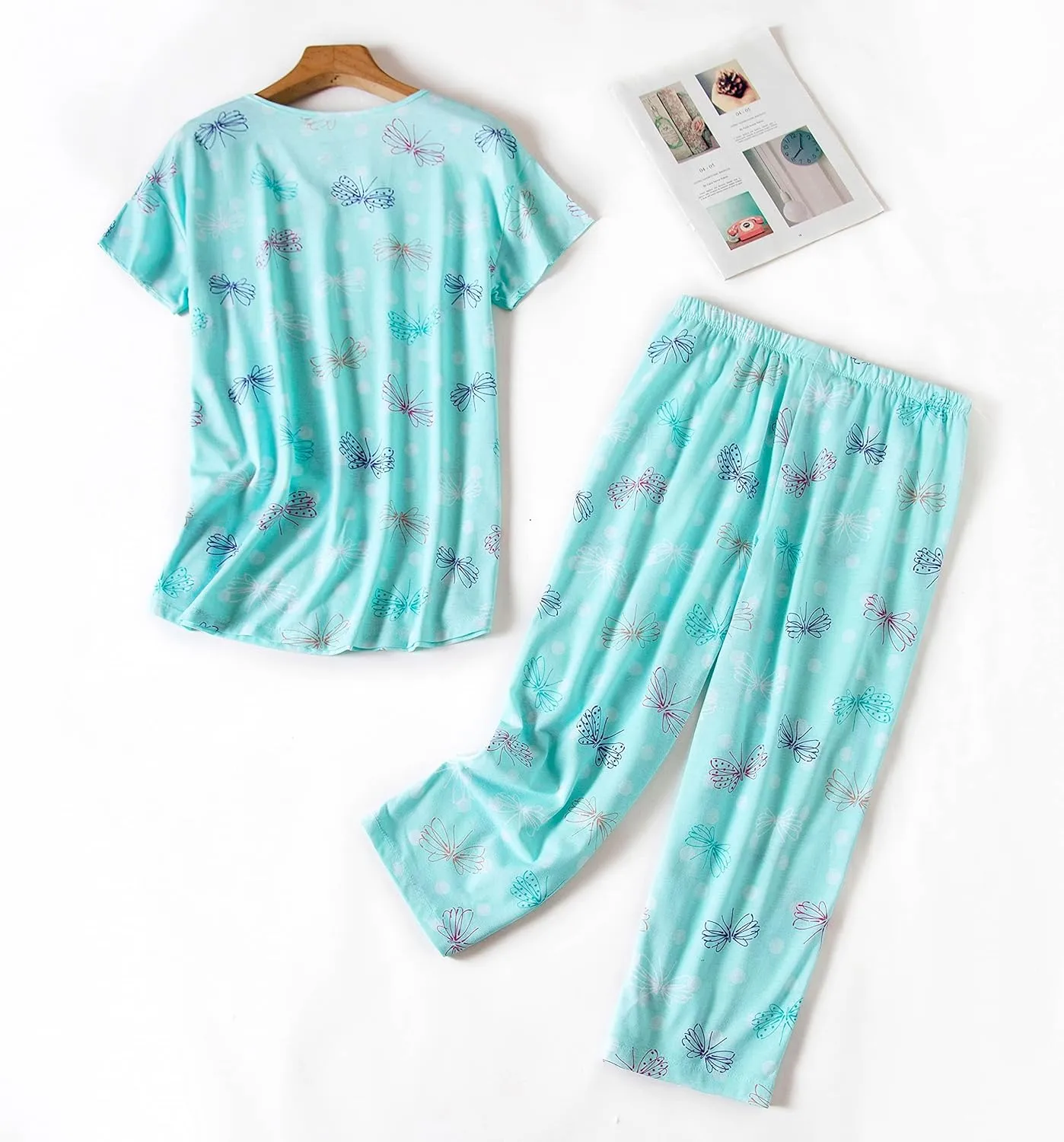 Inadays Womens Cotton Pajama Sets Short Sleeve Top With Capri Pants 2 piece sets for Women Summer Pajamas Lounge Set