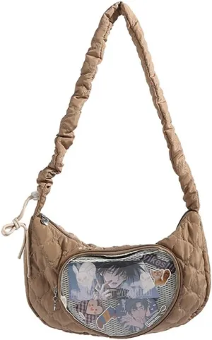Ita Bag Dumpling Shaped Love Lace Shoulder Bag, Japanese Cute Quilted Satchel Drawstring Crossbody Purse, Clear Window Tote