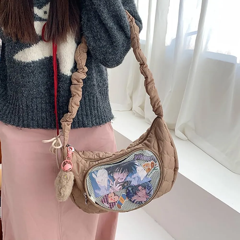 Ita Bag Dumpling Shaped Love Lace Shoulder Bag, Japanese Cute Quilted Satchel Drawstring Crossbody Purse, Clear Window Tote
