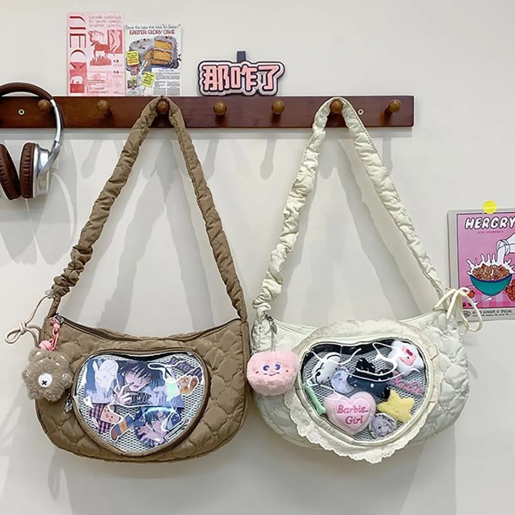Ita Bag Dumpling Shaped Love Lace Shoulder Bag, Japanese Cute Quilted Satchel Drawstring Crossbody Purse, Clear Window Tote