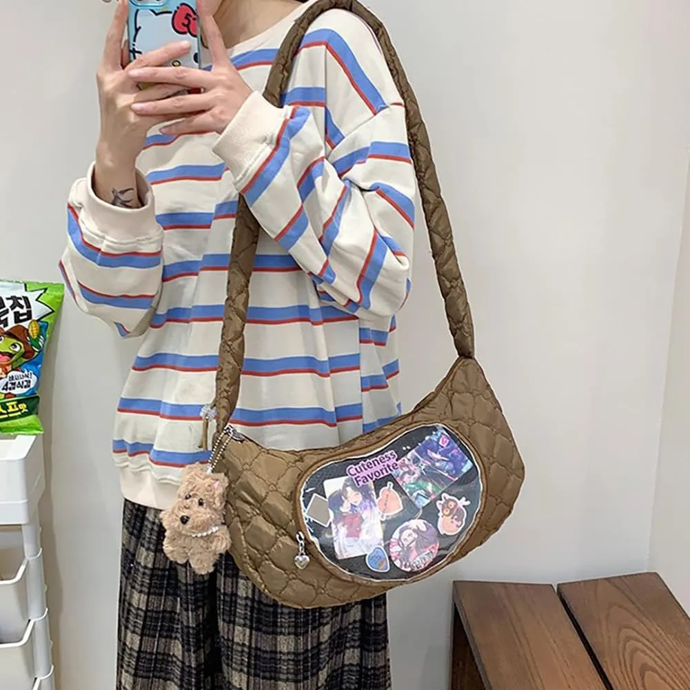 Ita Bag Dumpling Shaped Love Lace Shoulder Bag, Japanese Cute Quilted Satchel Drawstring Crossbody Purse, Clear Window Tote