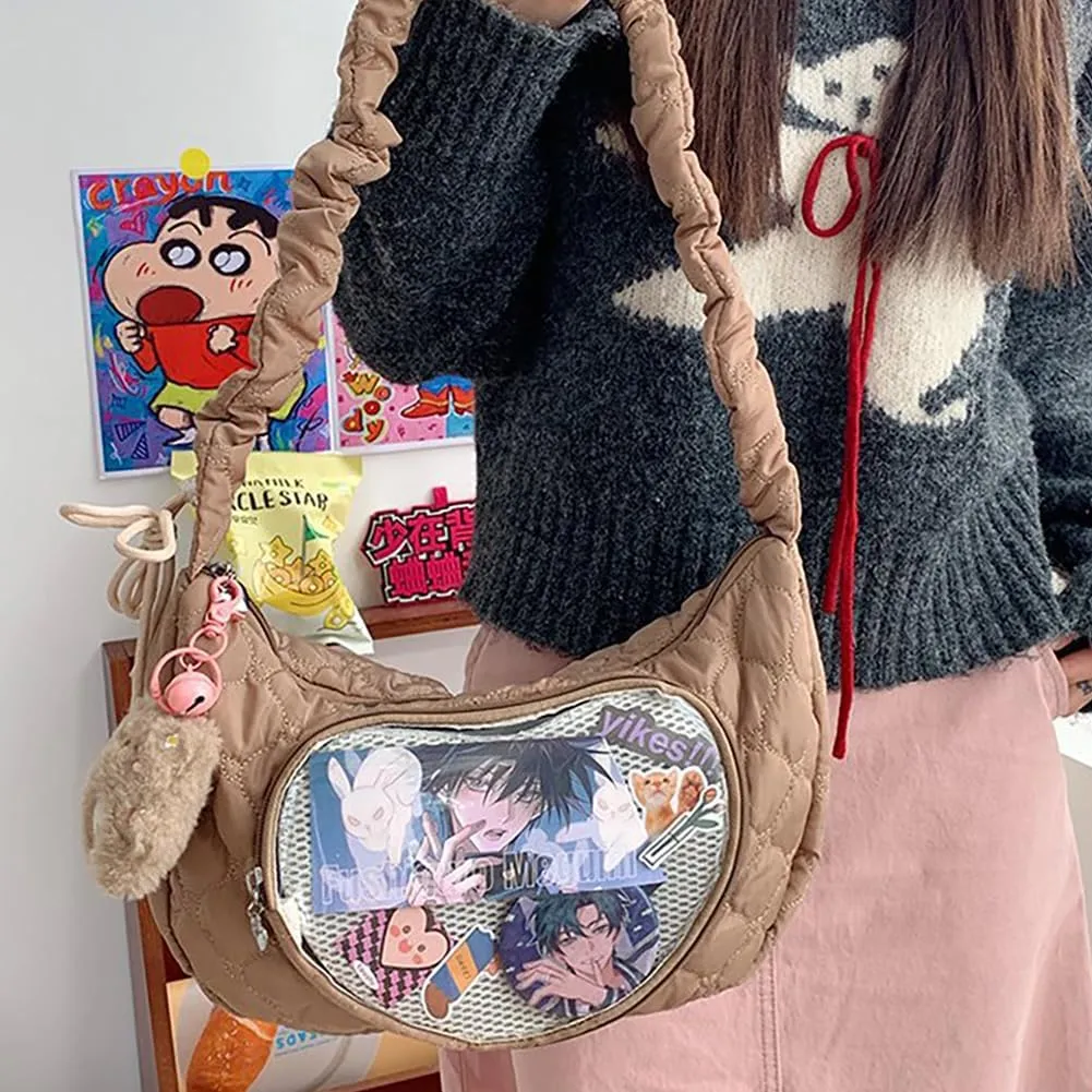 Ita Bag Dumpling Shaped Love Lace Shoulder Bag, Japanese Cute Quilted Satchel Drawstring Crossbody Purse, Clear Window Tote