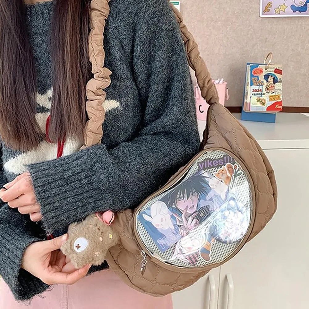 Ita Bag Dumpling Shaped Love Lace Shoulder Bag, Japanese Cute Quilted Satchel Drawstring Crossbody Purse, Clear Window Tote