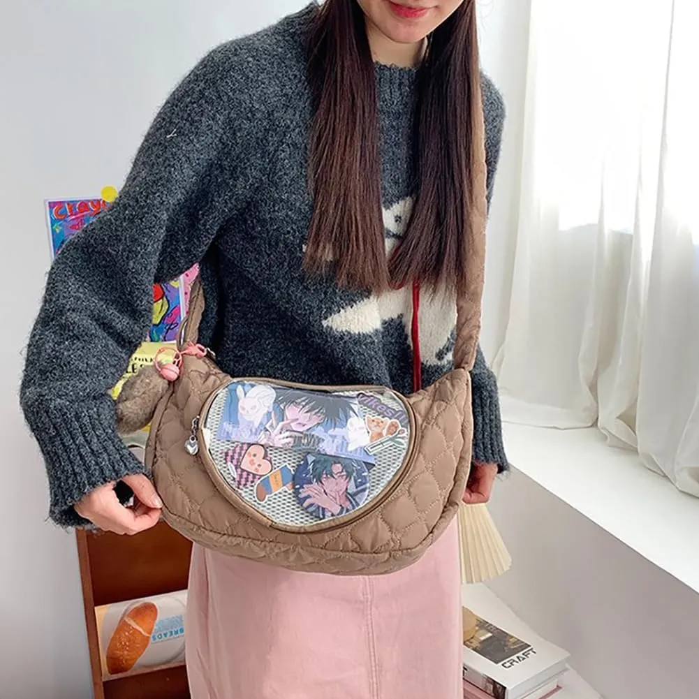 Ita Bag Dumpling Shaped Love Lace Shoulder Bag, Japanese Cute Quilted Satchel Drawstring Crossbody Purse, Clear Window Tote