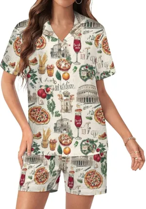 Italy Pizza European Italian Food Womens Pajama Sets Short Sleeve Button Down Sleepwear Top And Shorts Pjs Sets Loungewear