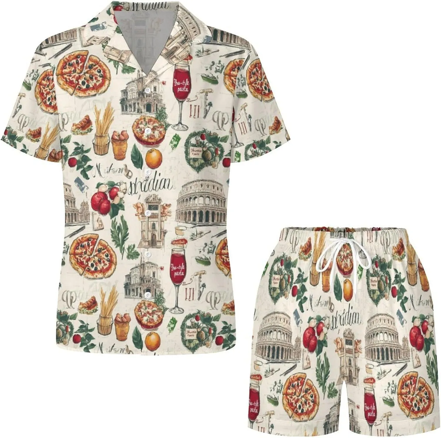 Italy Pizza European Italian Food Womens Pajama Sets Short Sleeve Button Down Sleepwear Top And Shorts Pjs Sets Loungewear