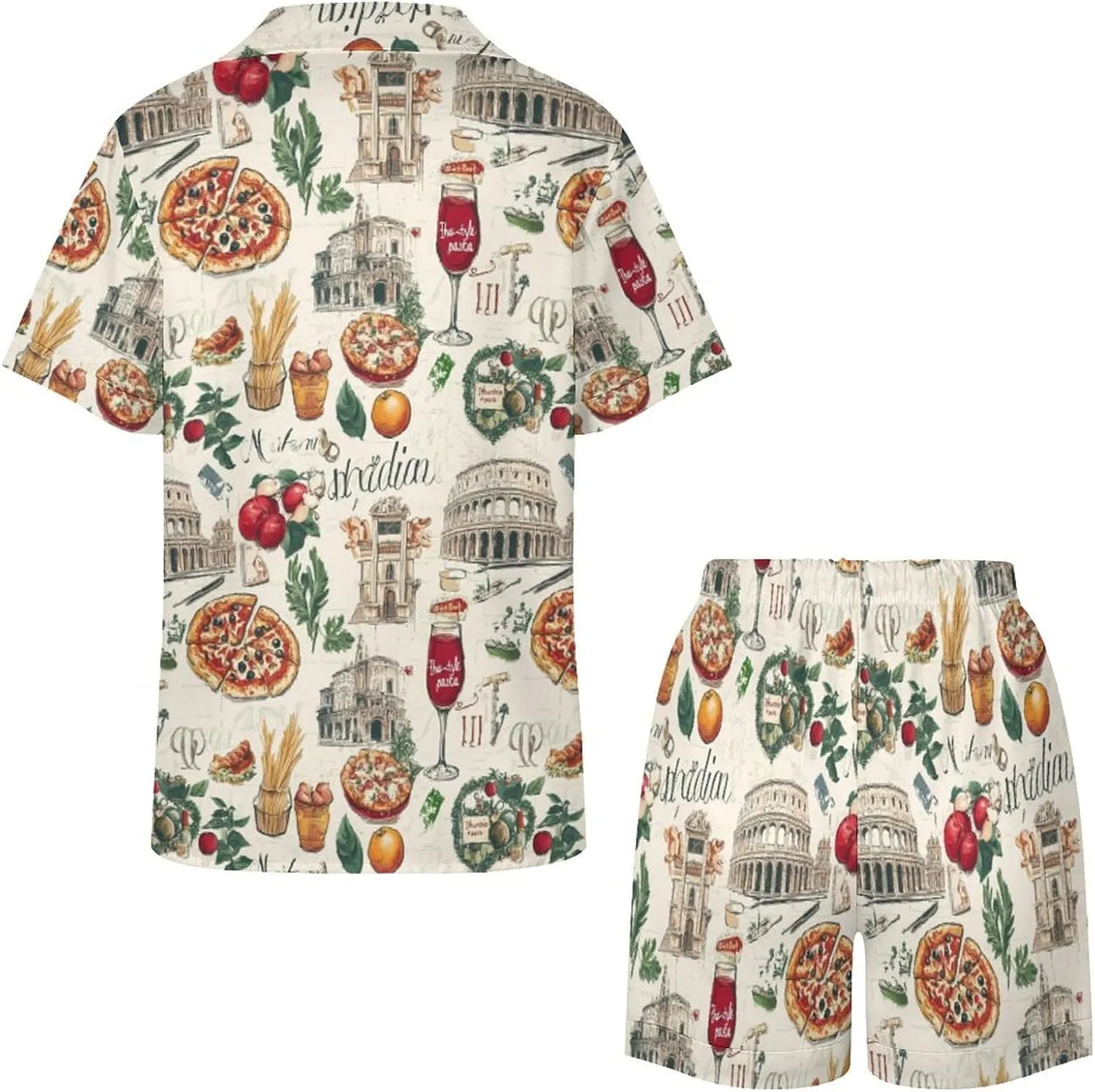 Italy Pizza European Italian Food Womens Pajama Sets Short Sleeve Button Down Sleepwear Top And Shorts Pjs Sets Loungewear