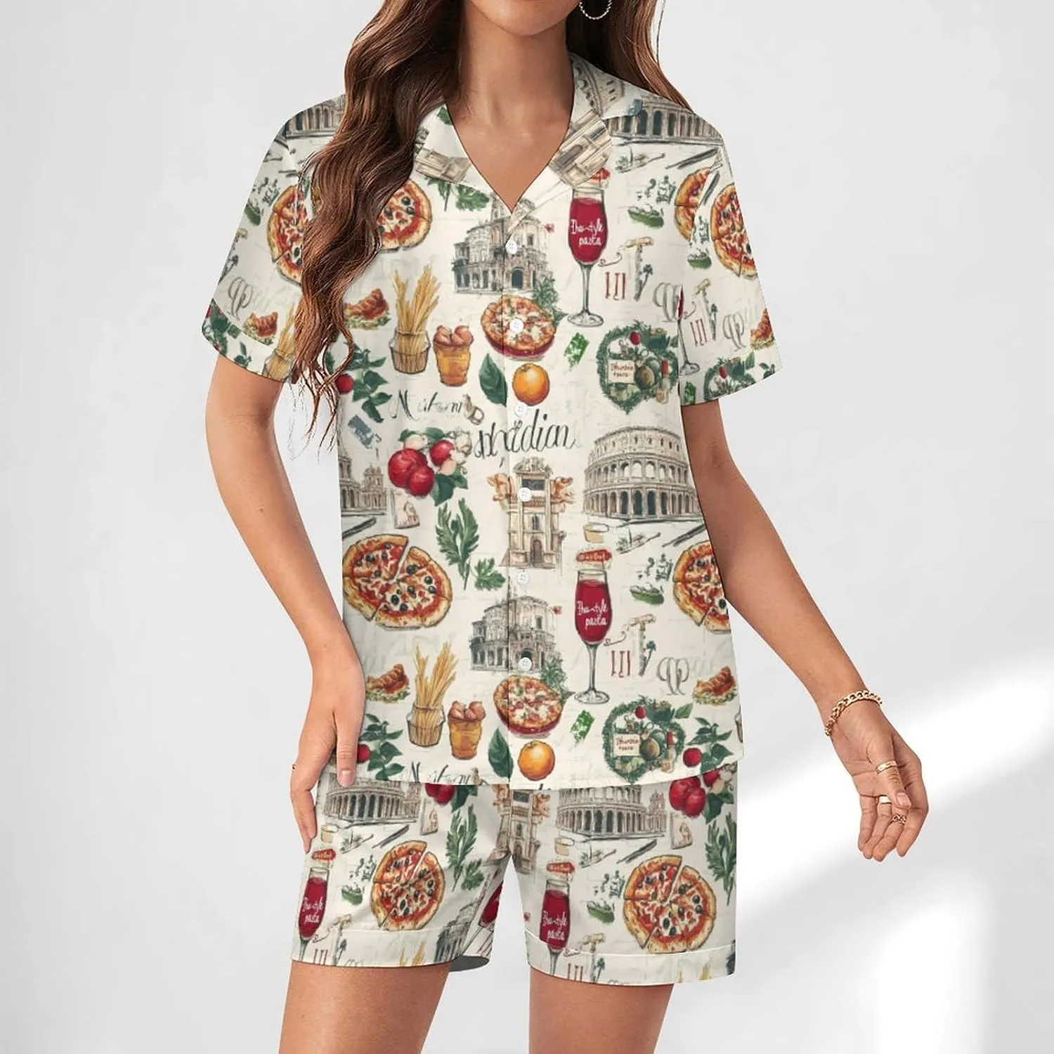 Italy Pizza European Italian Food Womens Pajama Sets Short Sleeve Button Down Sleepwear Top And Shorts Pjs Sets Loungewear