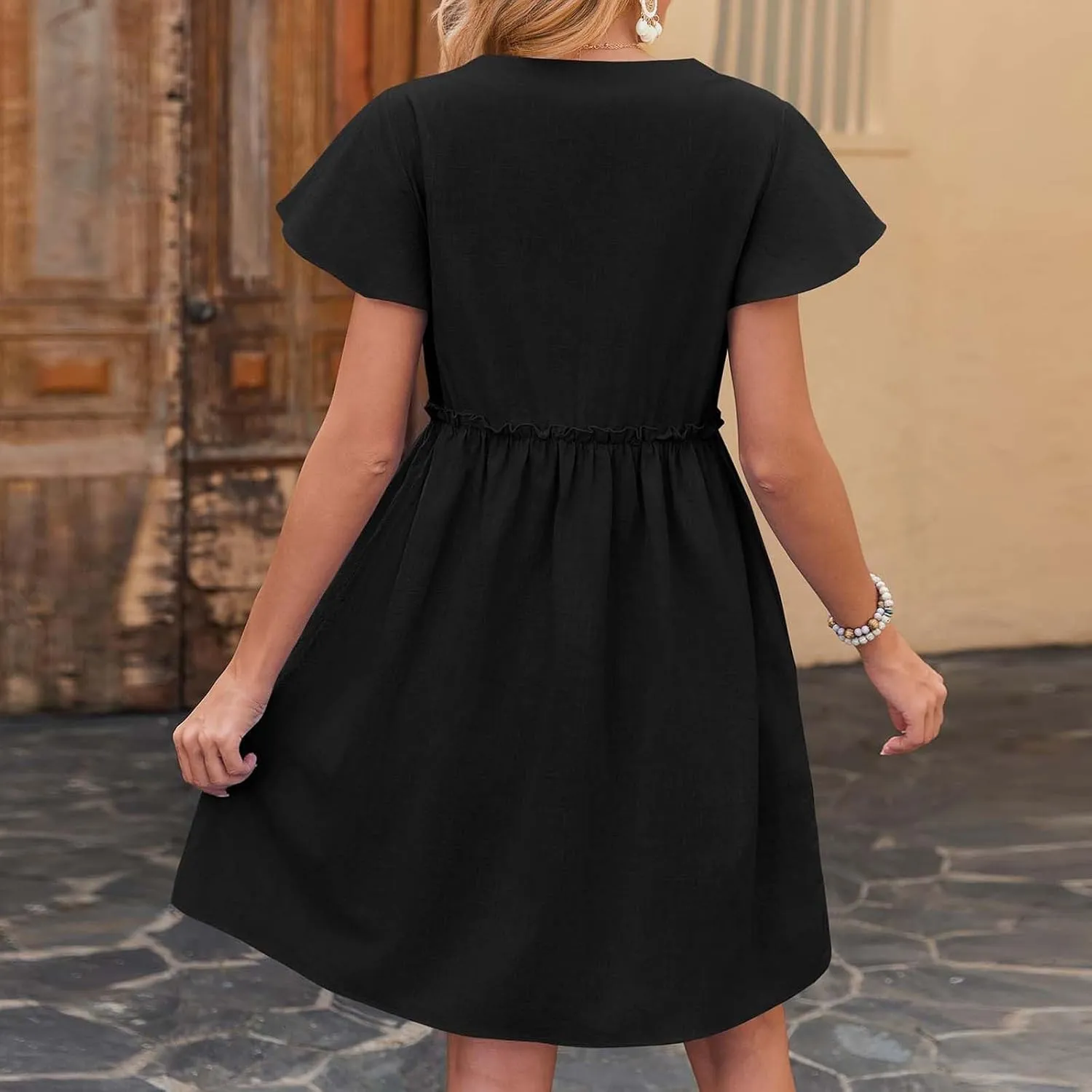 JOAU Women Button Up Shirt Dress 2025 Loose Summer V Neck Flutter Sleeve Dresses Ruffle Elastic Waist Casual Mini Tunic Dress
