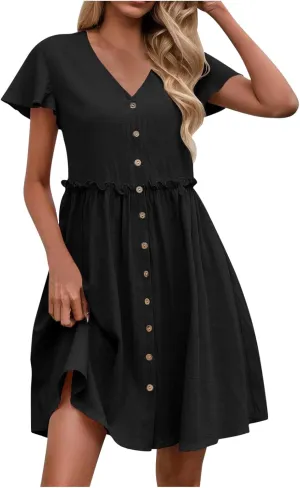 JOAU Women Button Up Shirt Dress 2025 Loose Summer V Neck Flutter Sleeve Dresses Ruffle Elastic Waist Casual Mini Tunic Dress
