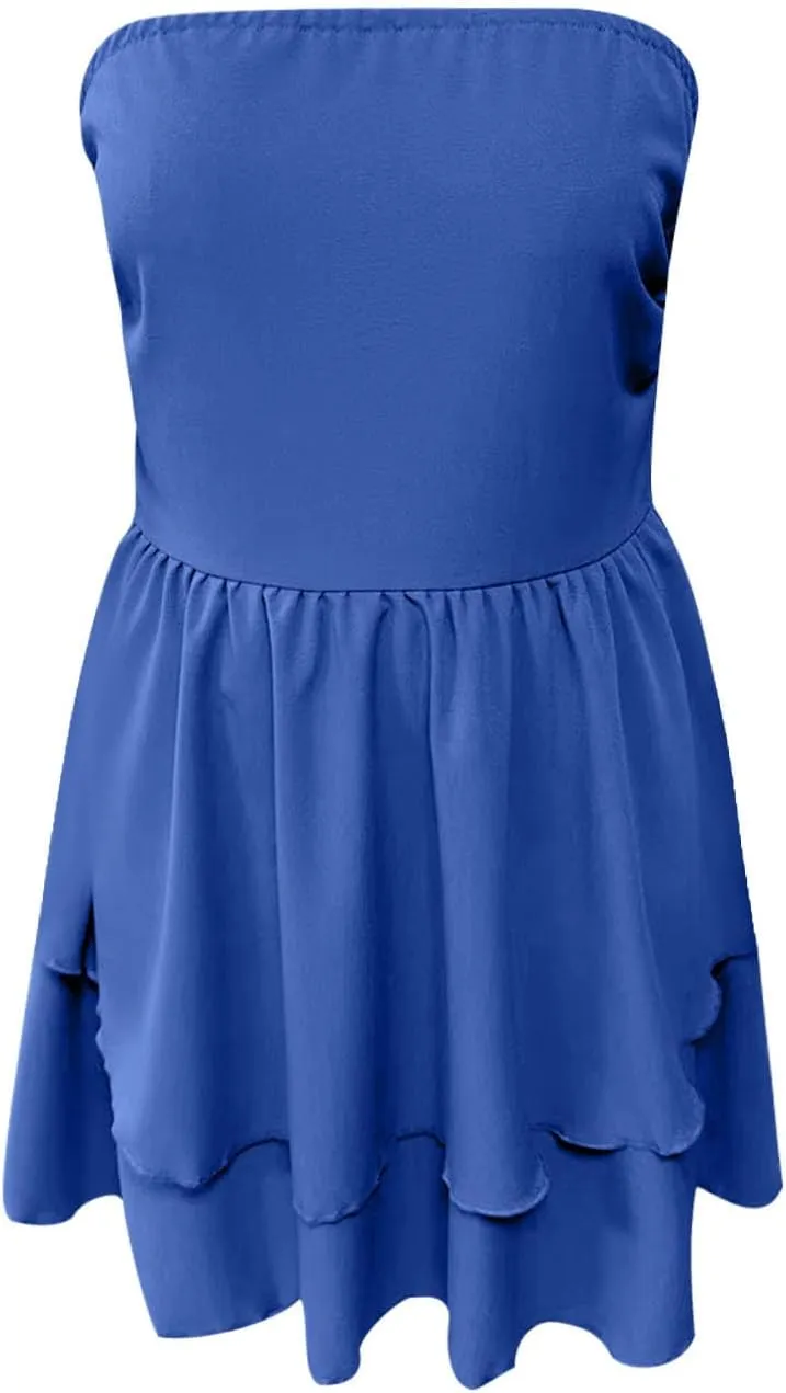 JOAU Women's Sexy Strapless Mini Dress Summer Sleeveless Layered Ruffle A-Line Short Dresses Casual Club Party Tube Top Dress