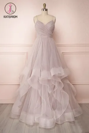 Kateprom Spaghetti Straps Pleated Floor Length Tulle Prom Dress, A Line Long Evening Dresses KPP1246