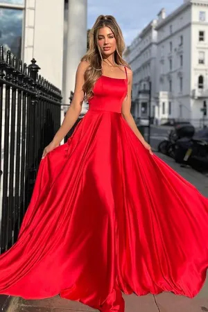 Kateprom Spaghetti Straps Red A line Long Prom Dresses For Teens KPP1474
