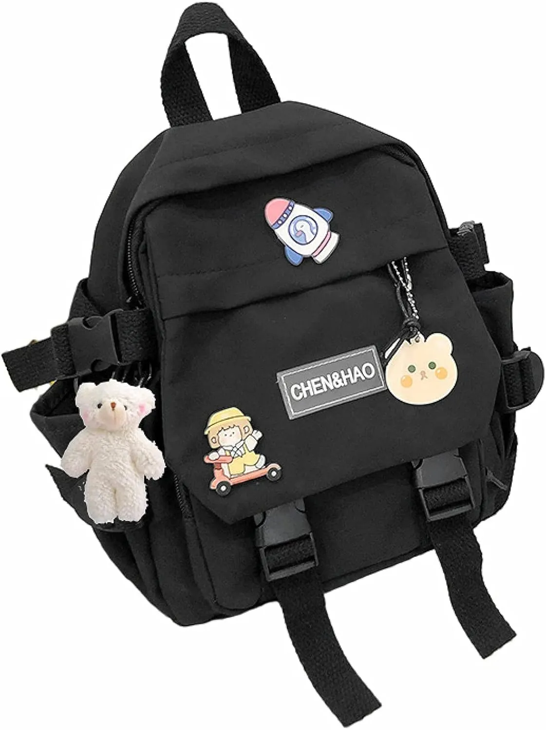 kawaii backpack girl school bag waterproof nylon with kawaii pendant cute pin mini backpack(black)
