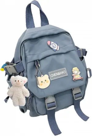 kawaii backpack girl school bag waterproof nylon with kawaii pendant cute pin mini backpack(blue)