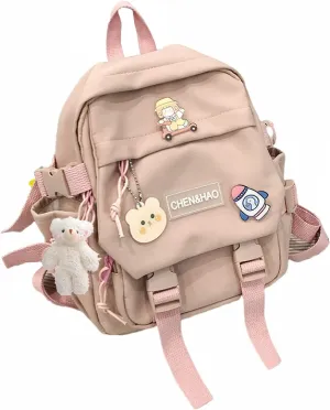 kawaii backpack girl school bag waterproof nylon with kawaii pendant cute pin mini backpack(pink)