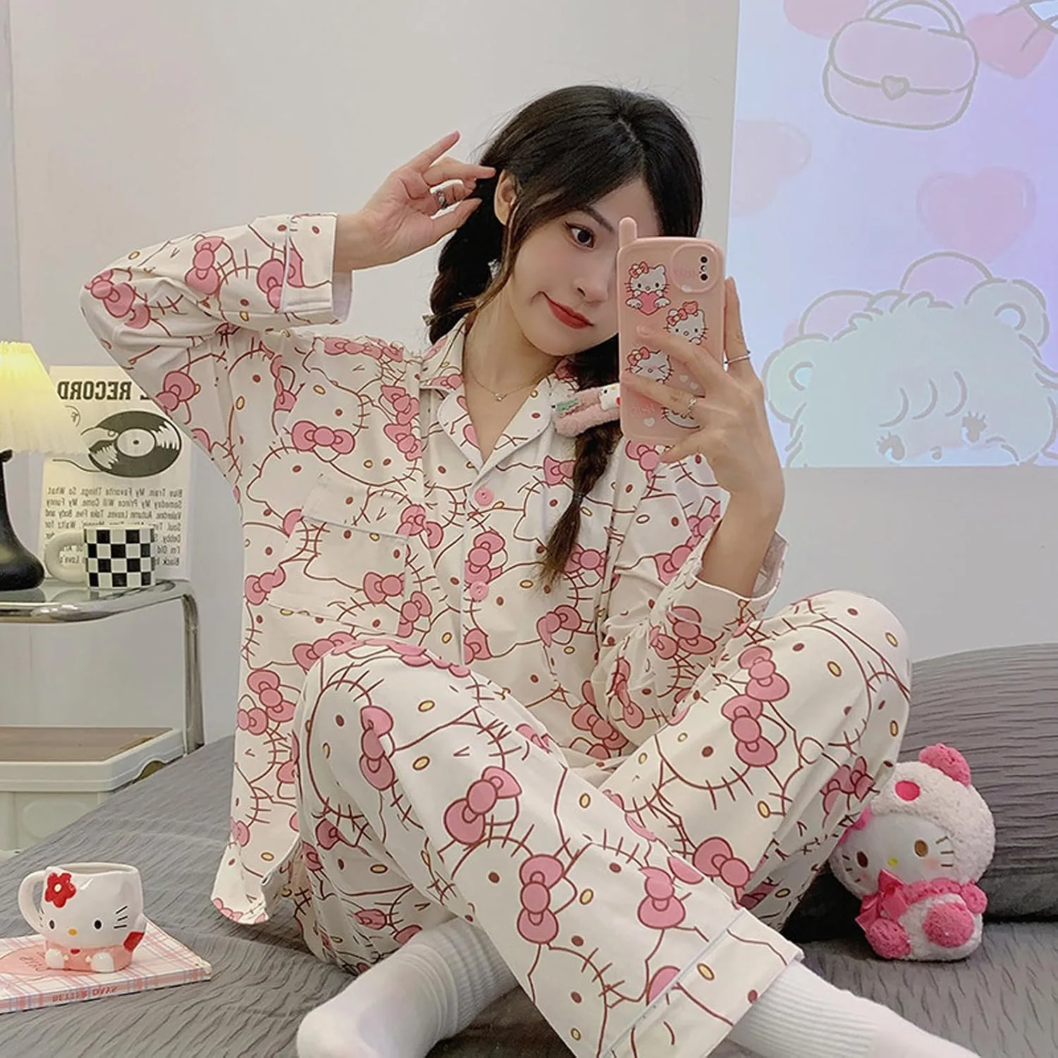 Kawaii Pajamas For Womens Pajama Pant Two-Piece Set Cute Cartoon Girls Sleepwear Home Cardigan Clothes