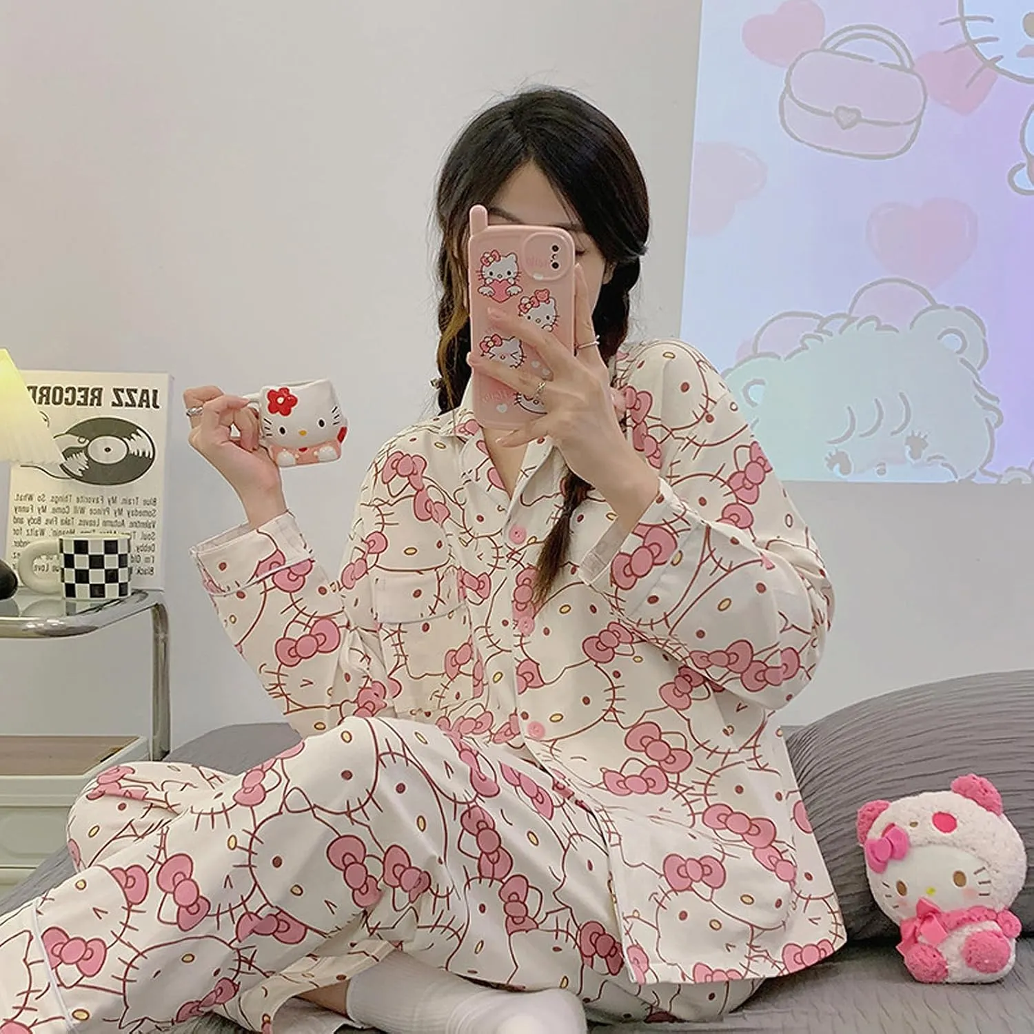 Kawaii Pajamas For Womens Pajama Pant Two-Piece Set Cute Cartoon Girls Sleepwear Home Cardigan Clothes