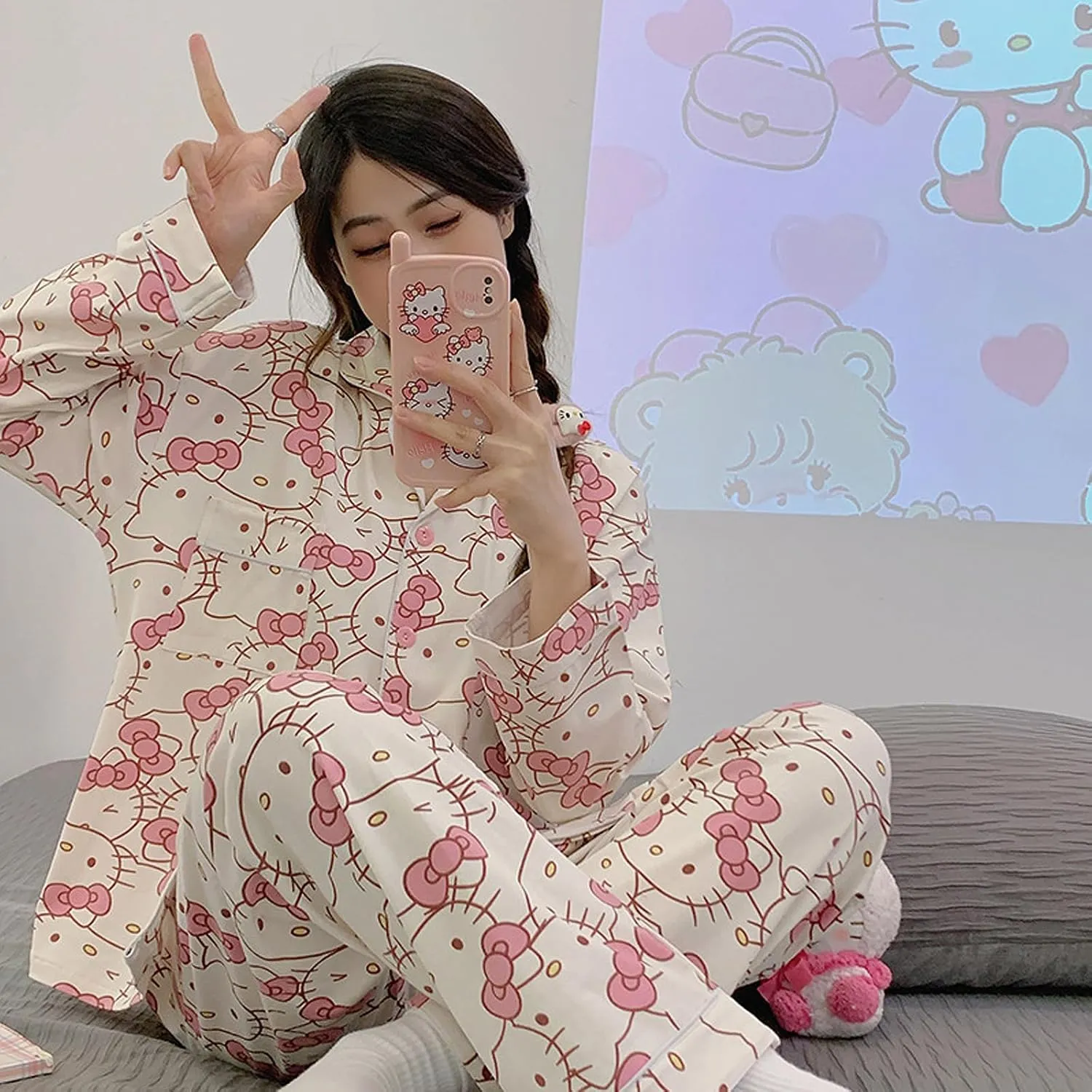 Kawaii Pajamas For Womens Pajama Pant Two-Piece Set Cute Cartoon Girls Sleepwear Home Cardigan Clothes