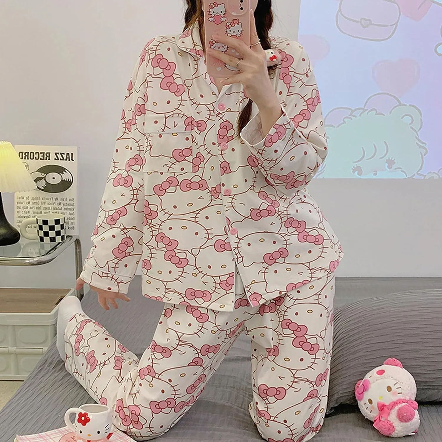 Kawaii Pajamas For Womens Pajama Pant Two-Piece Set Cute Cartoon Girls Sleepwear Home Cardigan Clothes