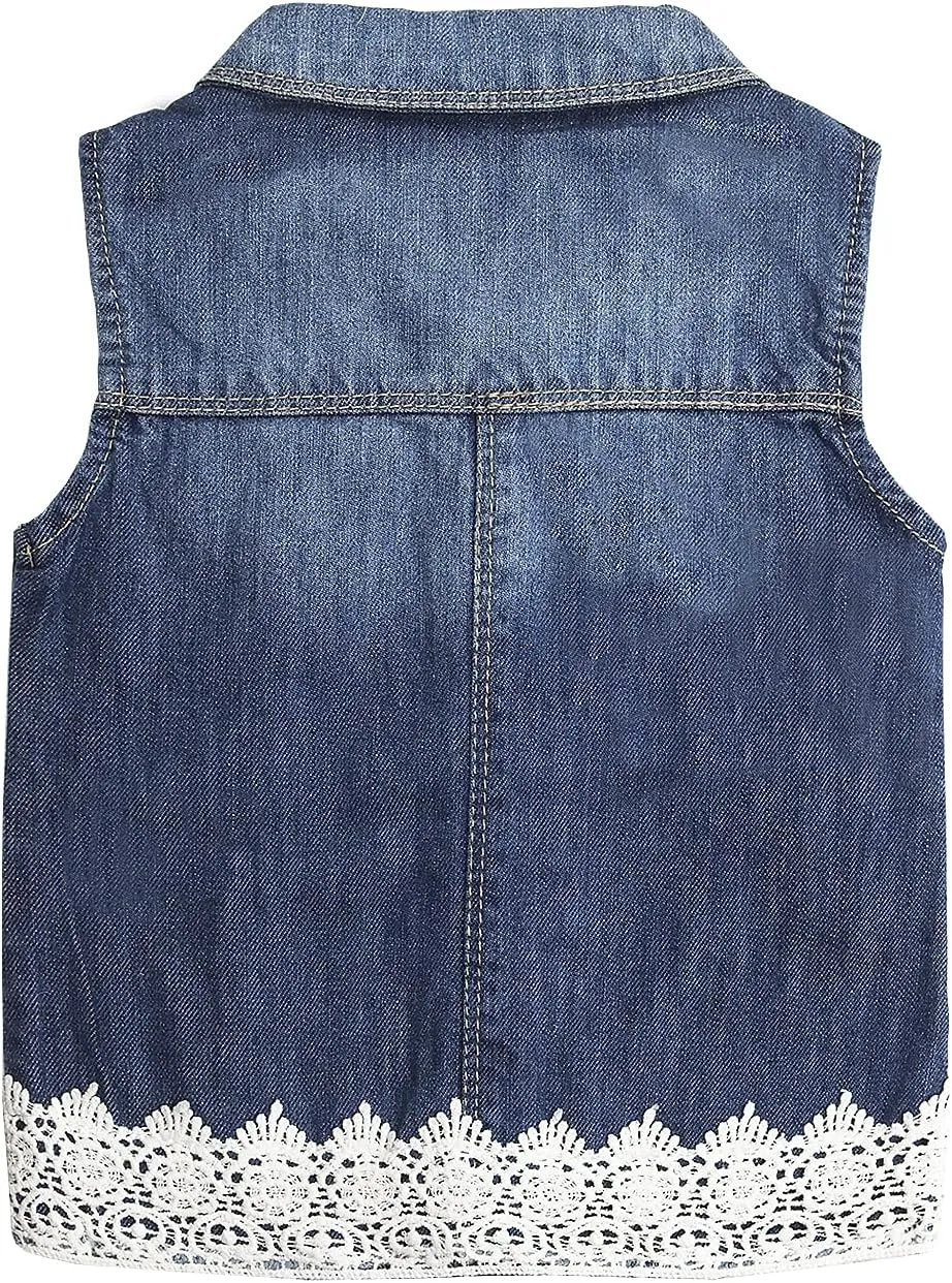 KIDSCOOL SPACE Girl Denim Vest, Round Collared Lace Sleeveless Jeans Tops