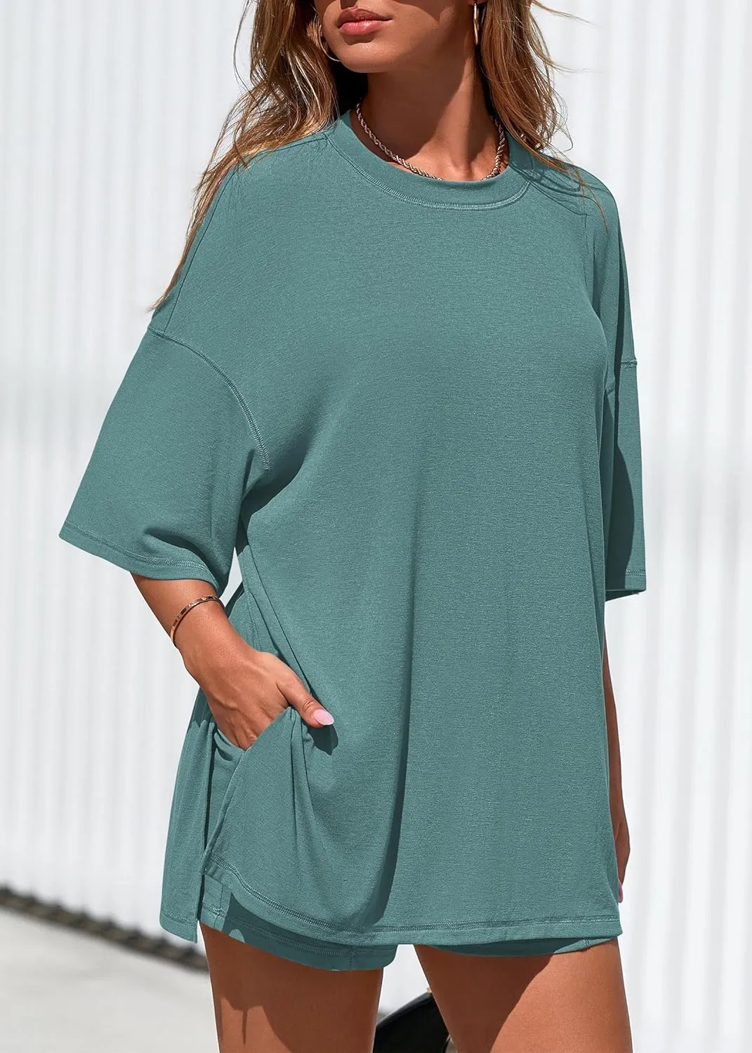 KIRUNDO 2 Piece Sets for Women Summer Lounge Sets Casual Oversized Tshirts Shorts Matching Airport Travel Outfit Postpartum