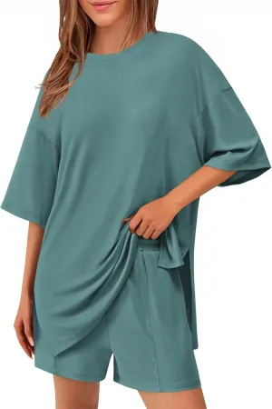 KIRUNDO 2 Piece Sets for Women Summer Lounge Sets Casual Oversized Tshirts Shorts Matching Airport Travel Outfit Postpartum