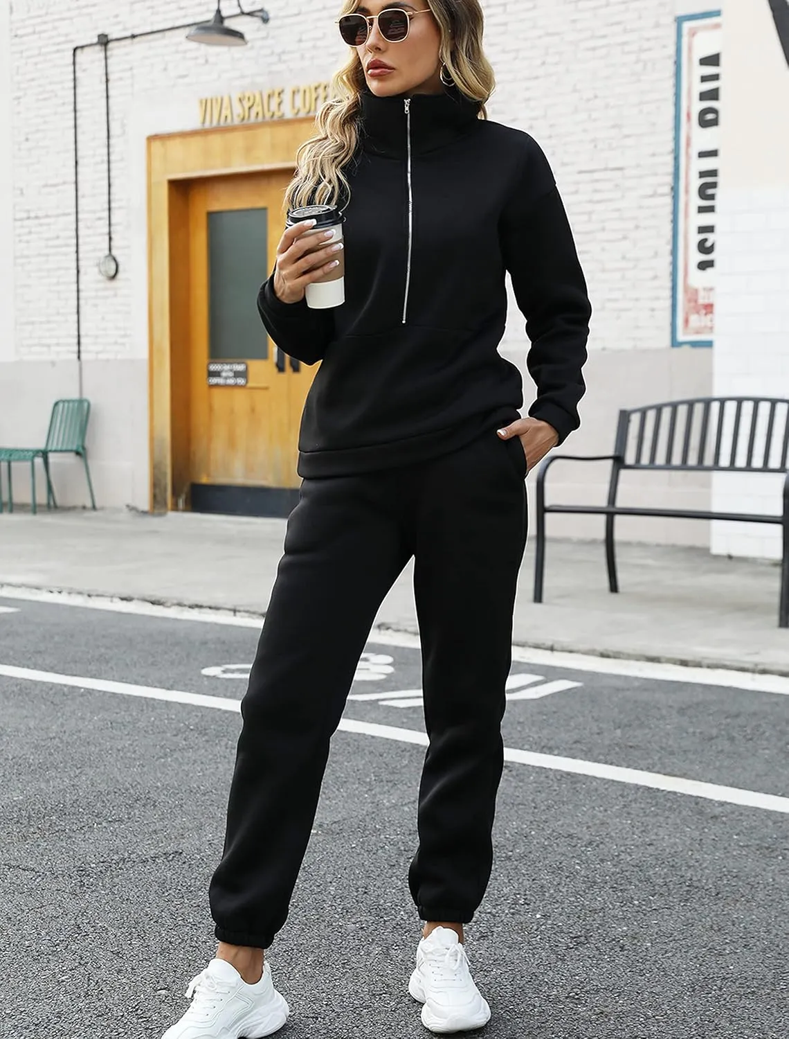 Kissonic Womens Fleece 2 Piece Outfits Sweatsuit Half Zip Pullover Sweatshirt Joggers Pants Tracksuit Set