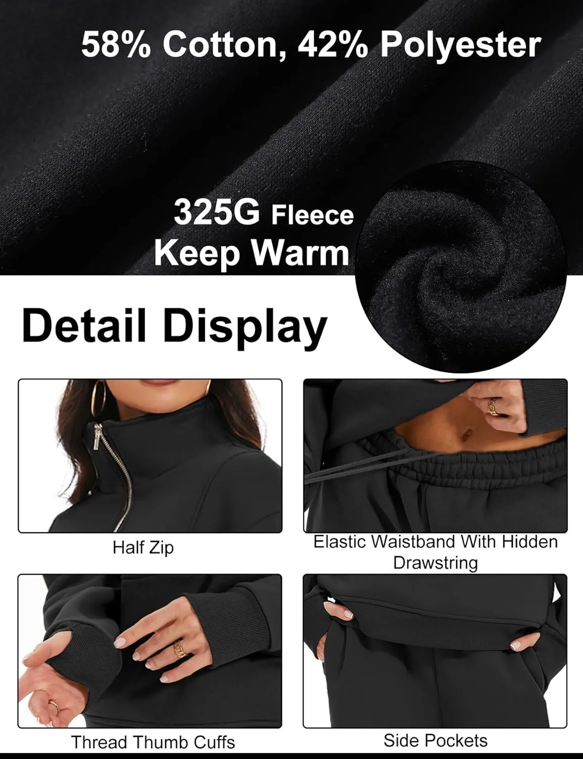 Kissonic Womens Fleece 2 Piece Outfits Sweatsuit Half Zip Pullover Sweatshirt Joggers Pants Tracksuit Set