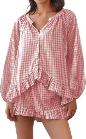 KMBANGI Women Y2K Plaid Pajama Sets Ruffle Hem Gingham Long Sleeve Shirt High Waist Shorts Lounge Sets Sleepwear