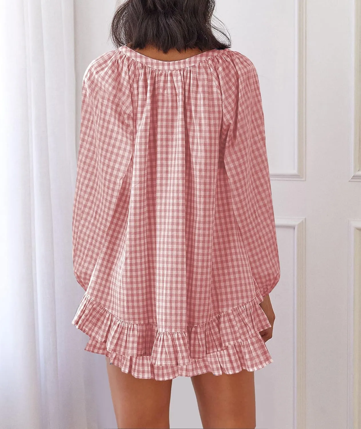 KMBANGI Women Y2K Plaid Pajama Sets Ruffle Hem Gingham Long Sleeve Shirt High Waist Shorts Lounge Sets Sleepwear