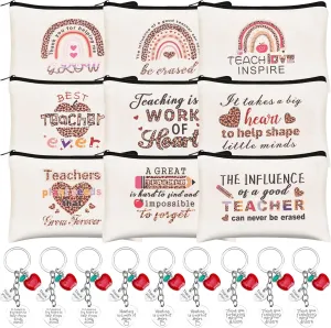 Kolewo4ever 18 Pieces Teacher Appreciation Gifts Set 9 Pieces Leopard Print Teacher Survival Kit Makeup Pouch Inspirational Cosmetic Bag 9 Pieces Teacher Keychains for Women Teacher (Leopard Print)