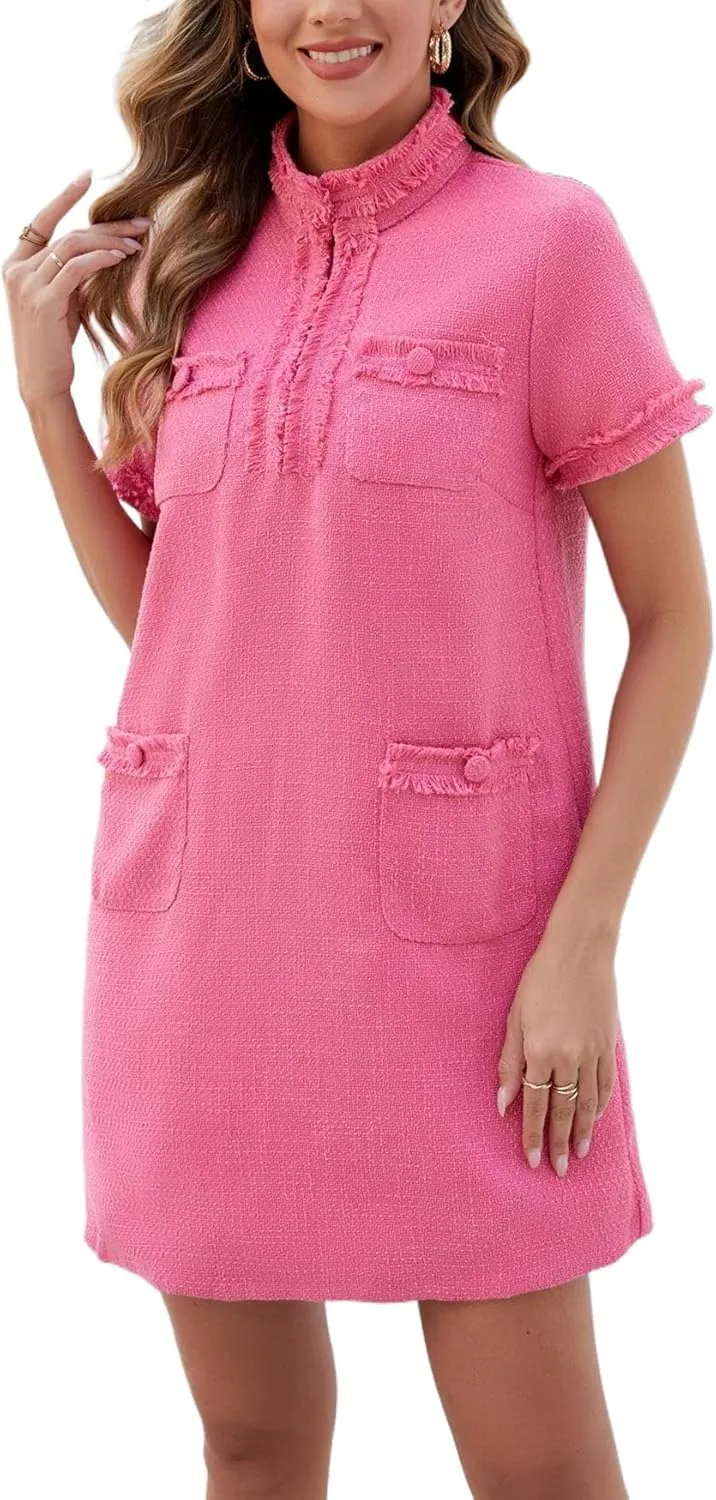Ladyful Womens Tweed Jackie Dress Short Sleeve Elegant Mini Dress V Neck Work Office Business Wedding Guest Dress