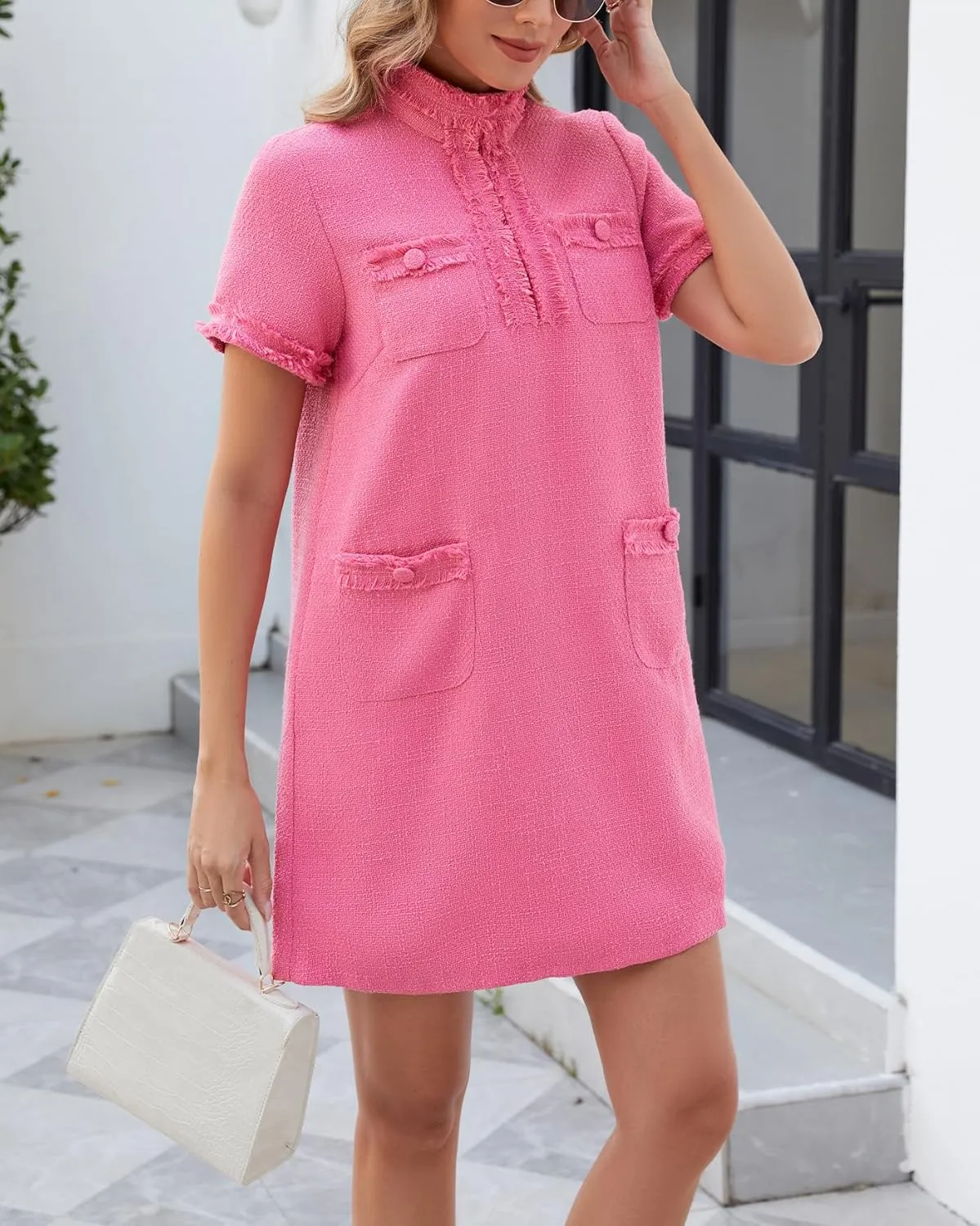 Ladyful Womens Tweed Jackie Dress Short Sleeve Elegant Mini Dress V Neck Work Office Business Wedding Guest Dress