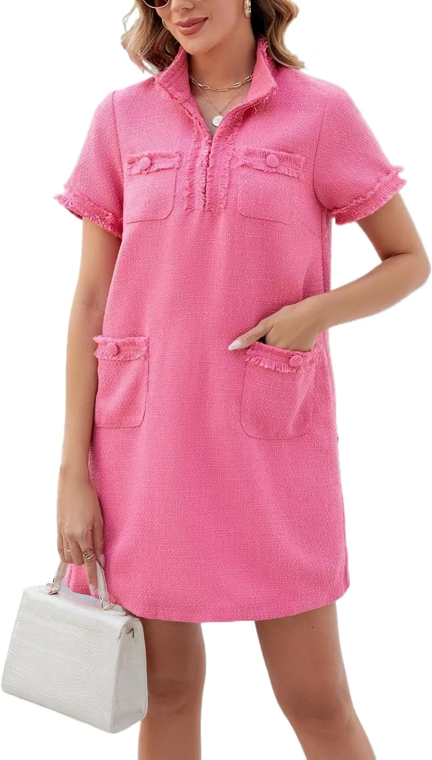 Ladyful Womens Tweed Jackie Dress Short Sleeve Elegant Mini Dress V Neck Work Office Business Wedding Guest Dress