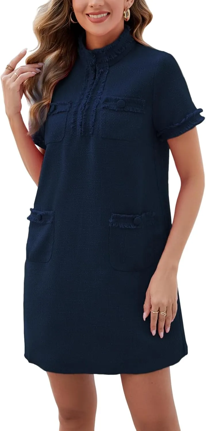 Ladyful Womens Tweed Jackie Dress Short Sleeve Elegant Mini Dress V Neck Work Office Business Wedding Guest Dress