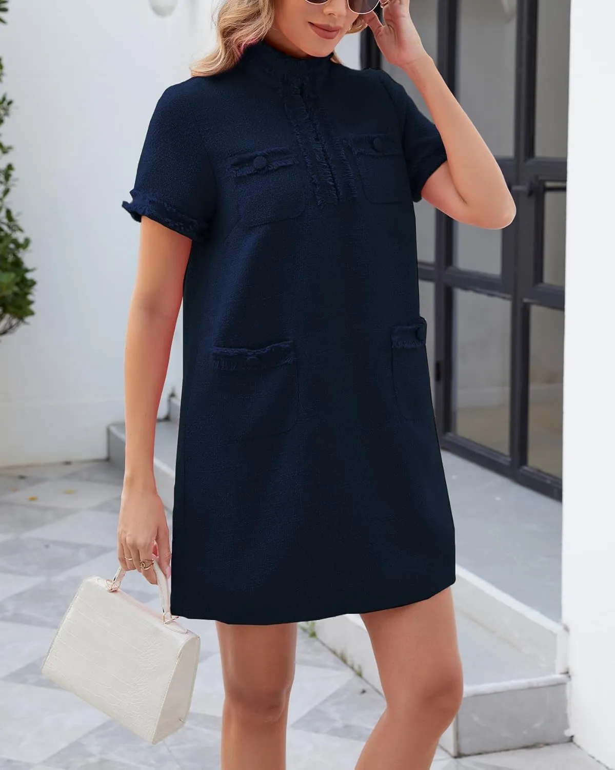Ladyful Womens Tweed Jackie Dress Short Sleeve Elegant Mini Dress V Neck Work Office Business Wedding Guest Dress